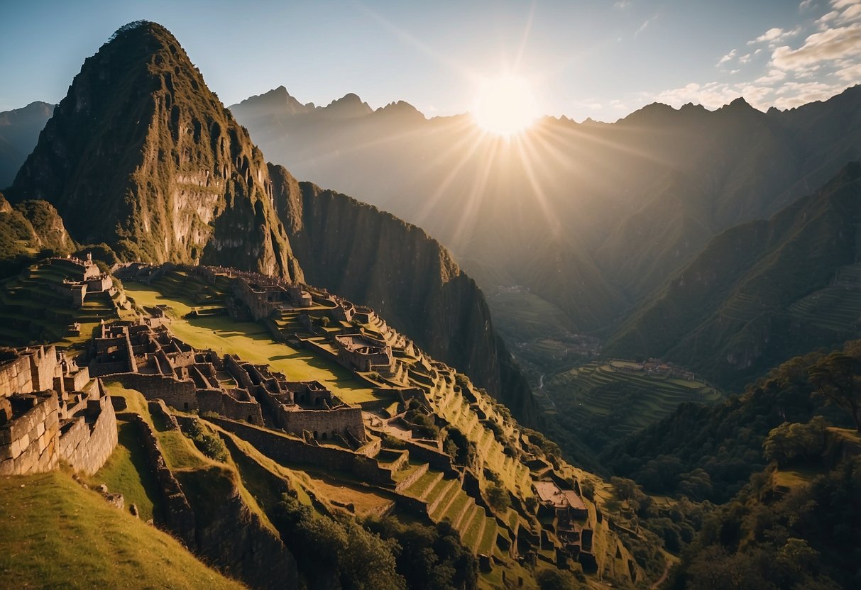 The sun rises over the mist-covered mountains, casting a warm glow on the ancient stone ruins of Machu Picchu nestled among the lush green Andean landscape