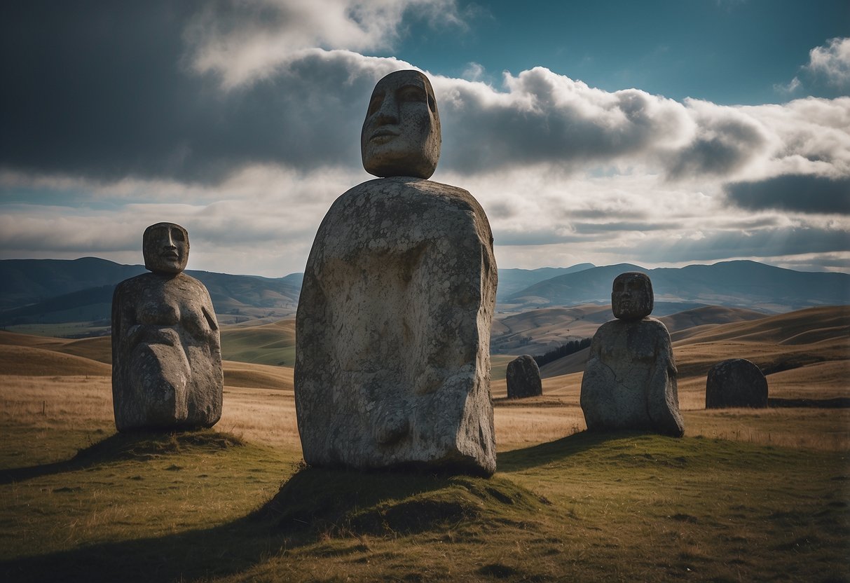 Giant stone statues stand in a desolate landscape, surrounded by rolling hills and a dramatic sky. The statues have solemn, enigmatic expressions, adding to the air of mystery