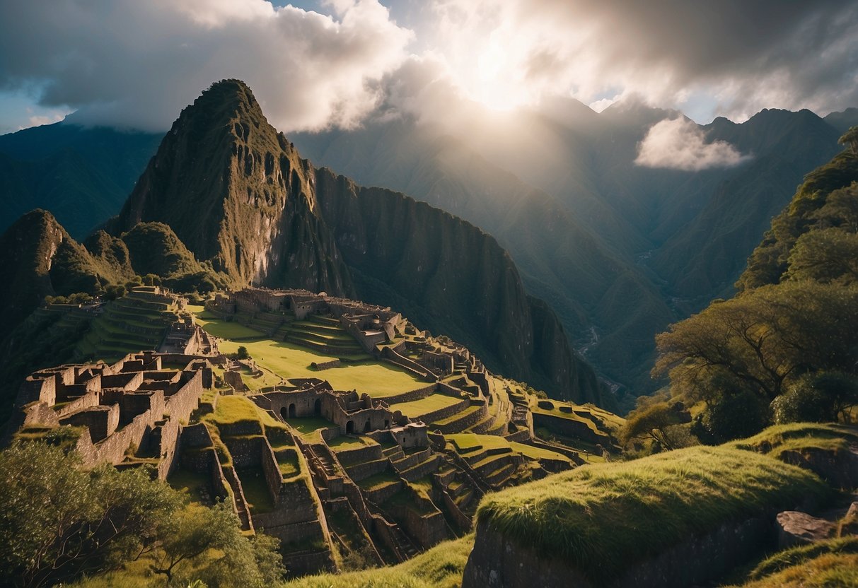 The morning sun illuminates the ancient ruins of Machu Picchu, nestled among the lush green mountains of the Andes. Mist hangs in the air, adding an air of mystery to the breathtaking scene