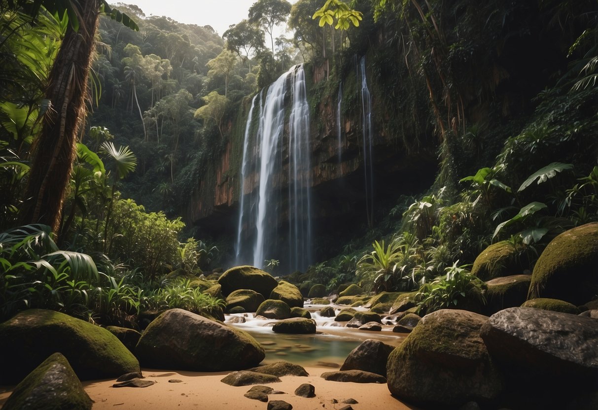 Lush rainforest canopy teeming with vibrant wildlife, cascading waterfalls, and unique rock formations in Madagascar