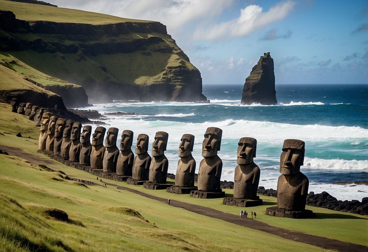 Giant Moai statues stand stoically against a backdrop of rugged cliffs and rolling waves, their weathered stone faces gazing out over the mysterious landscape of Easter Island