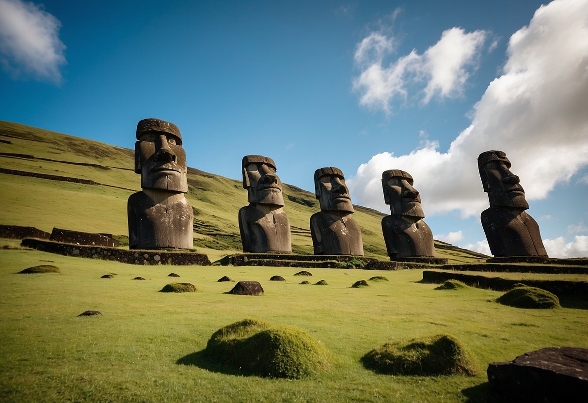 Giant stone Moai statues stand against a backdrop of lush greenery and rolling hills, with a clear blue sky overhead. The ancient and mysterious landscape of Rapa Nui National Park is a sight to behold