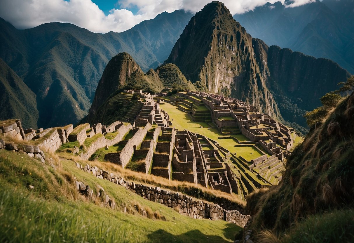 The rugged Inca Trail winds through the majestic Andes, leading to the breathtaking ancient ruins of Machu Picchu. The lush greenery and towering mountain peaks create a stunning backdrop for this iconic archaeological site