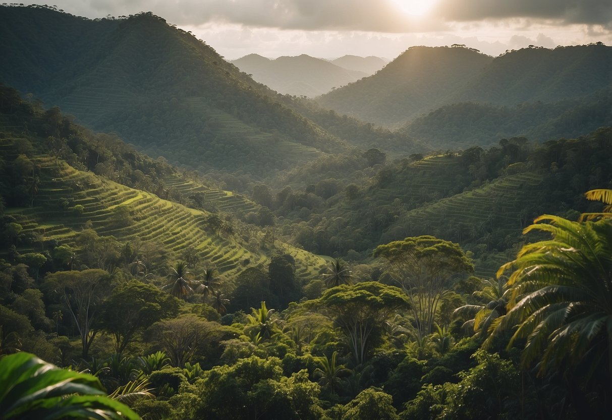 Lush rainforest teeming with unique flora and fauna, vibrant traditional villages, and ancient stone monuments nestled among breathtaking landscapes in Madagascar