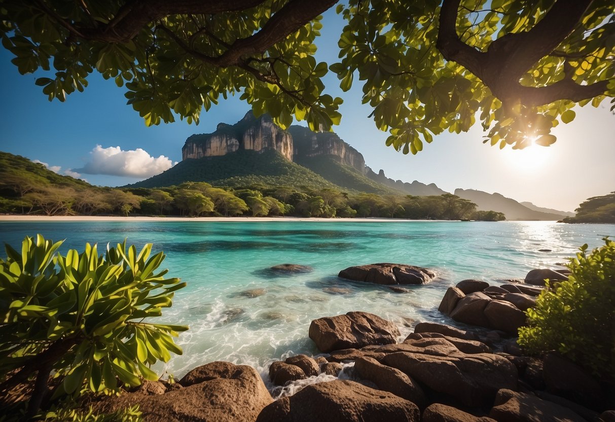 Vibrant flora and fauna fill the lush jungle, with towering baobab trees and unique wildlife. The crystal-clear waters of the Indian Ocean lap at the pristine beaches, while majestic mountains rise in the distance