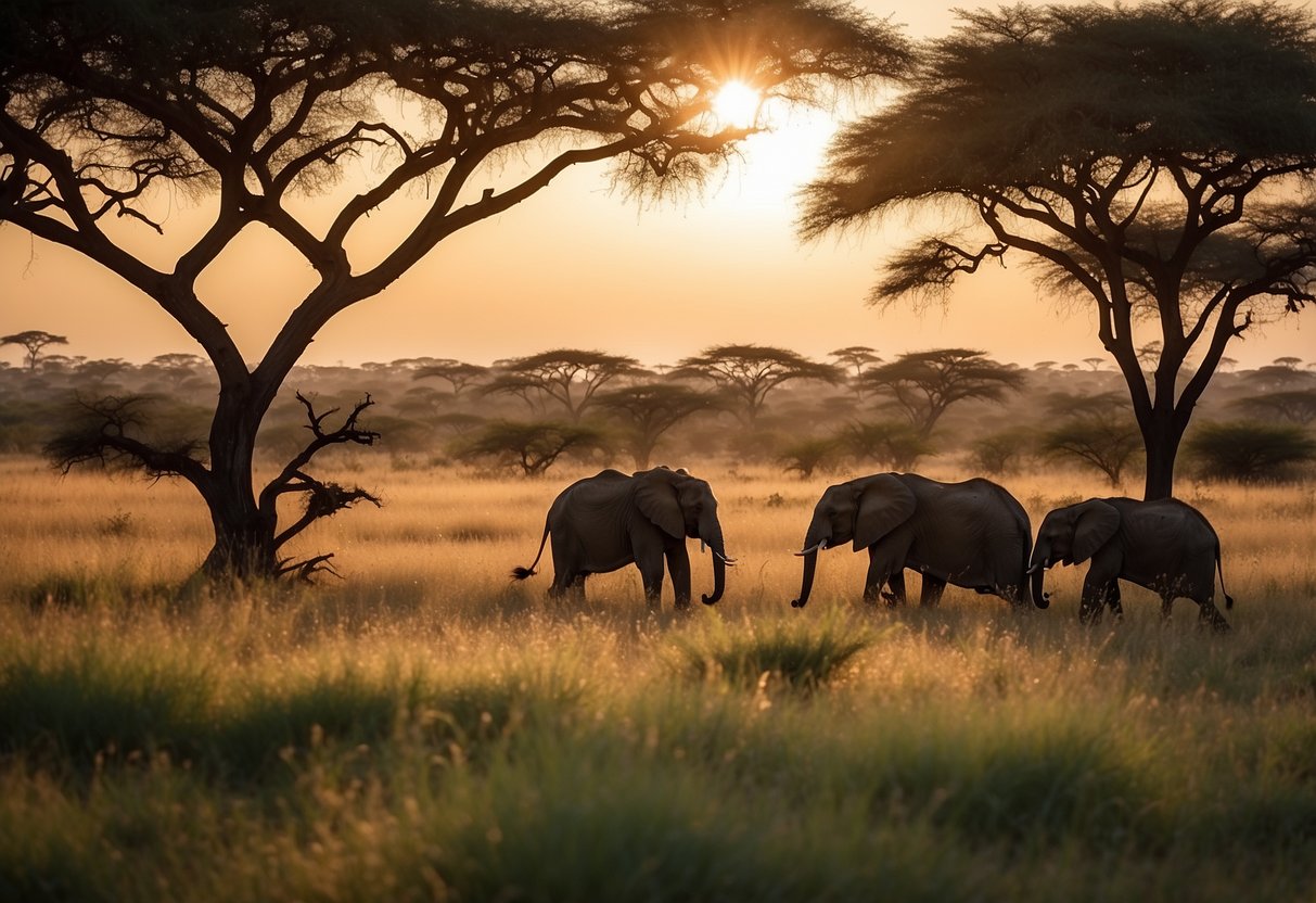 Lush grasslands stretch to the horizon, dotted with acacia trees. A herd of elephants meanders through the savanna while a lioness rests under a shady tree. The sun sets, casting a warm glow over the expansive landscape