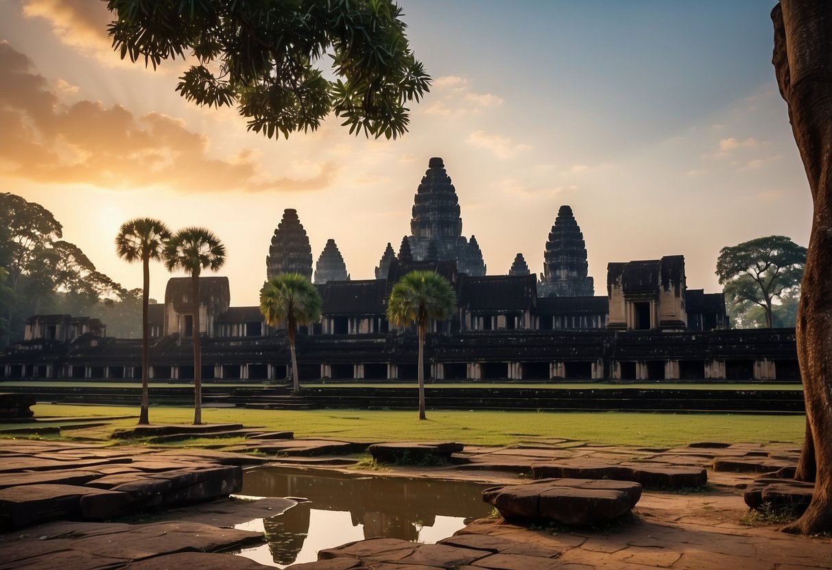 Sunrise over ancient temples, lush greenery, and stone carvings at Angkor Wat. Mystical atmosphere with intricate details and towering structures