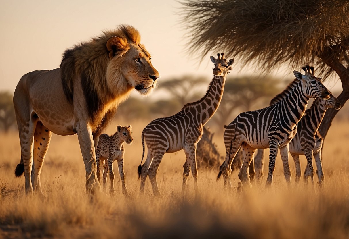 Lions hunting gazelles in the golden savannah, zebras grazing near a watering hole, and giraffes stretching their necks to reach the luscious treetops