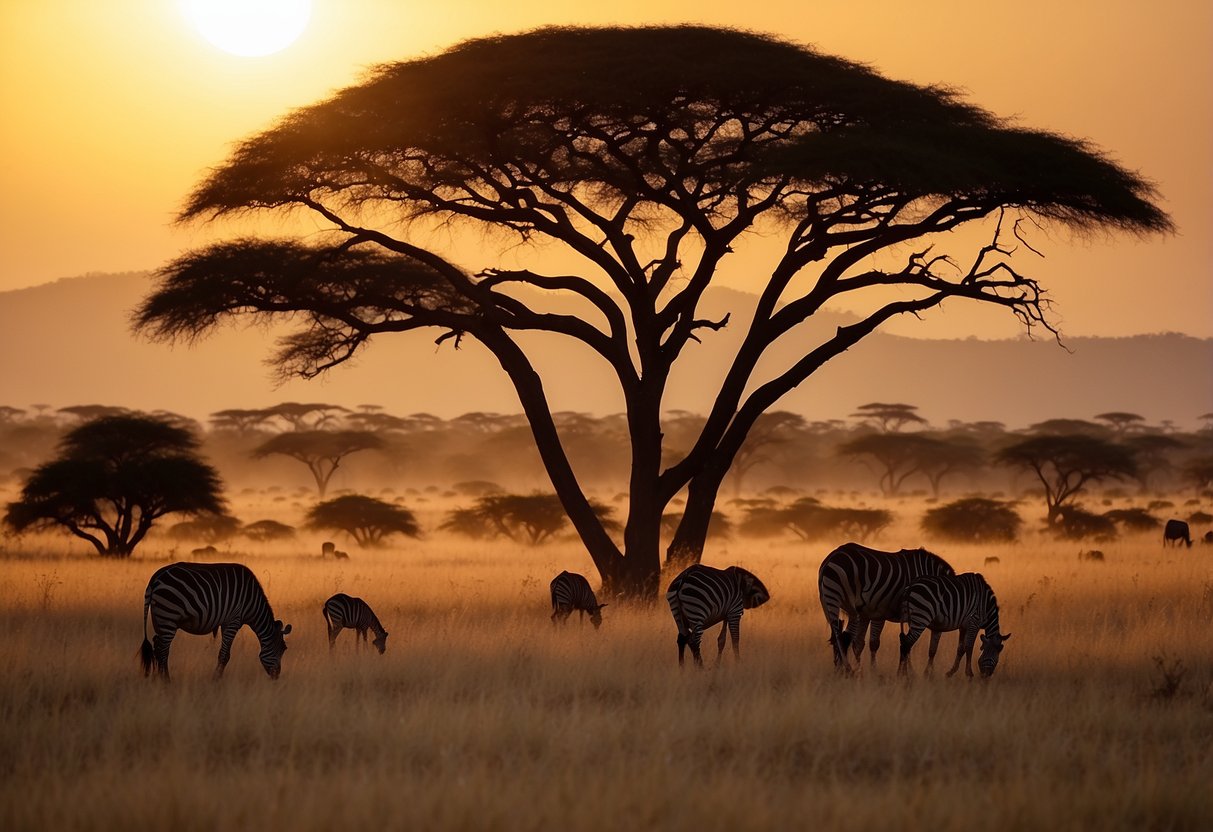 Vast savanna with scattered acacia trees, grazing herds of wildebeest and zebra, distant silhouettes of elephants and giraffes against a golden sunset