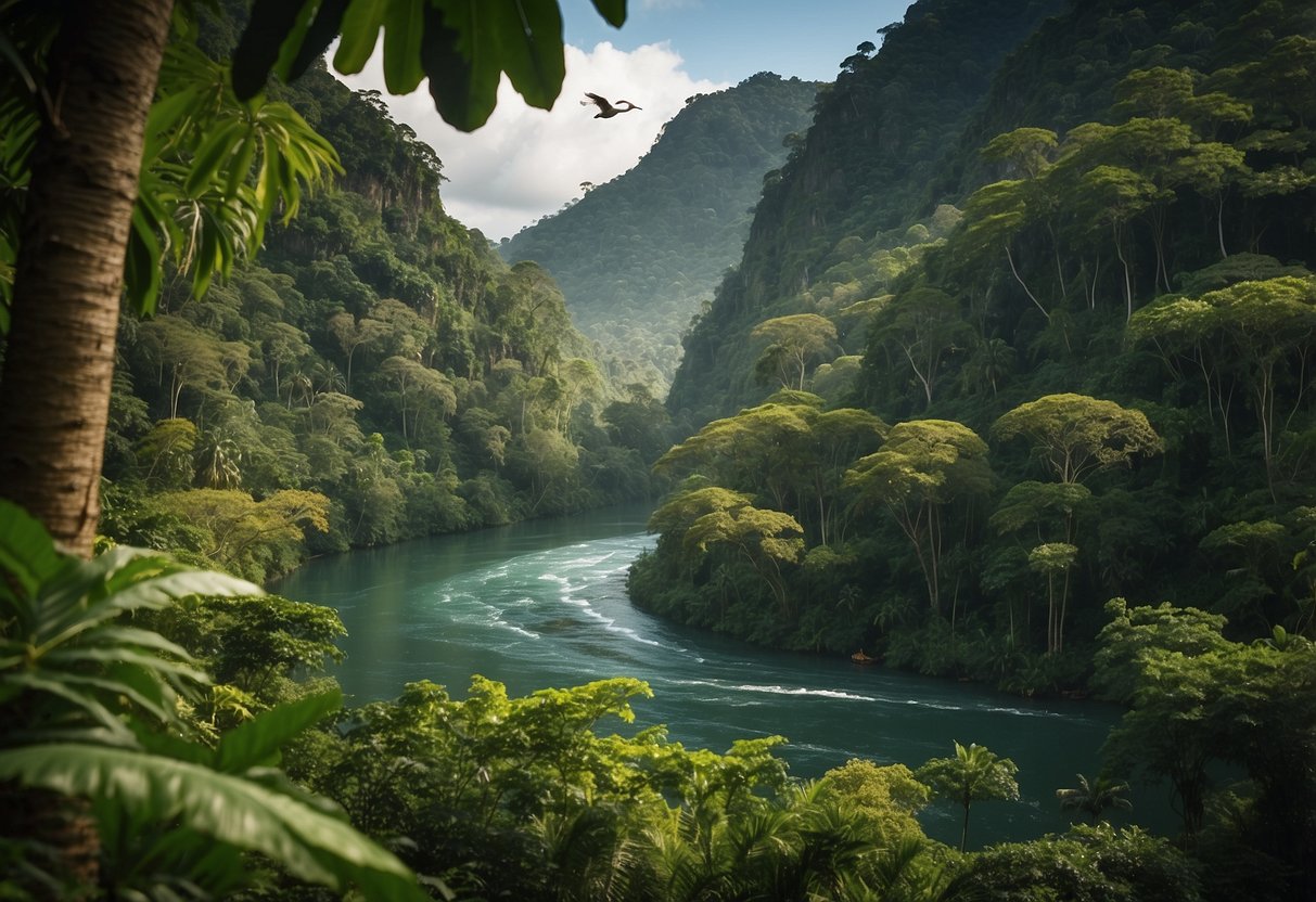 Lush green foliage surrounds a winding river, teeming with exotic wildlife. Colorful birds flit among the trees, while monkeys swing from branch to branch. The vibrant flora and fauna of the Amazon come to life in this rich and diverse ecosystem