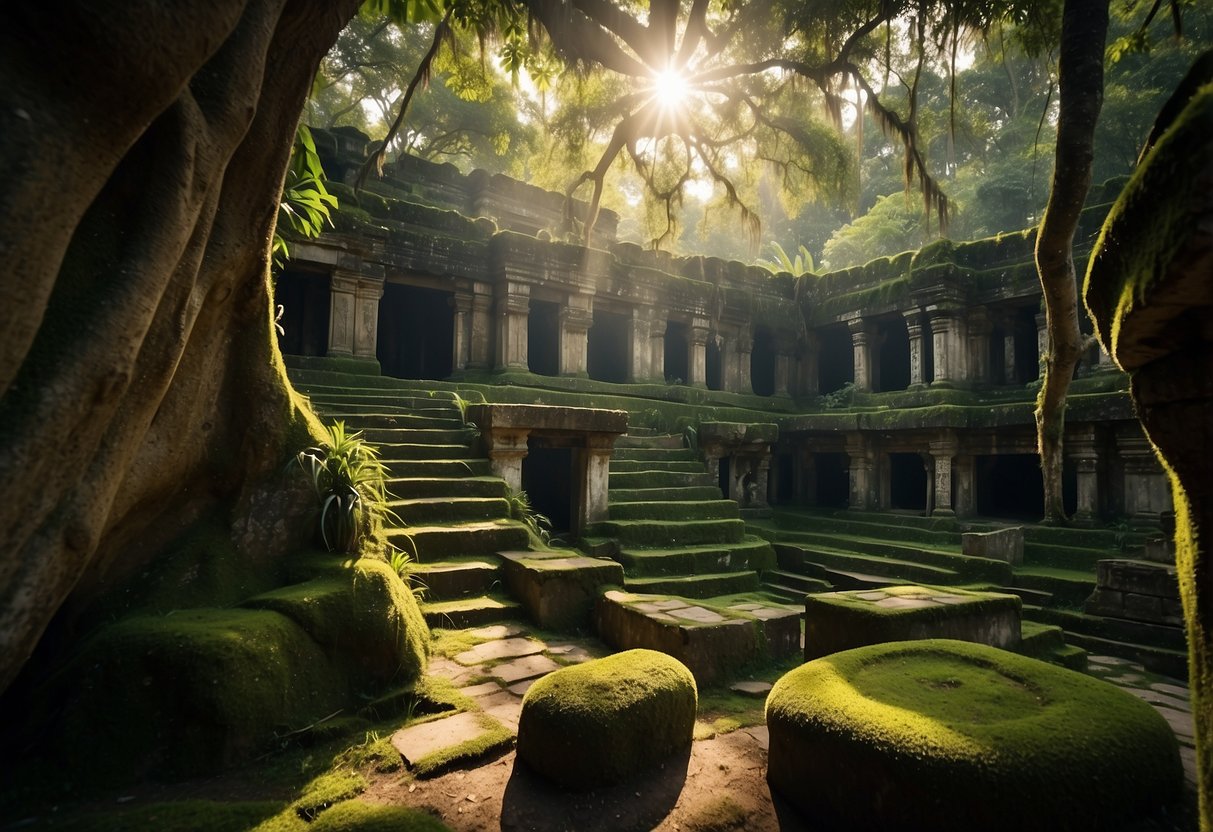 Lush jungle engulfs ancient temples, vines reclaiming stone walls. Sunlight filters through towering trees, casting dappled shadows on mossy ruins