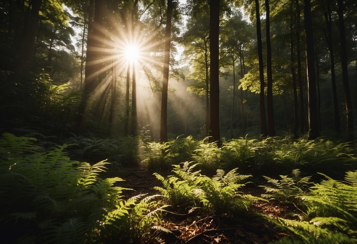 Sunlight filters through dense foliage, casting dappled shadows on the forest floor. Towering trees and lush vegetation create a vibrant, teeming ecosystem