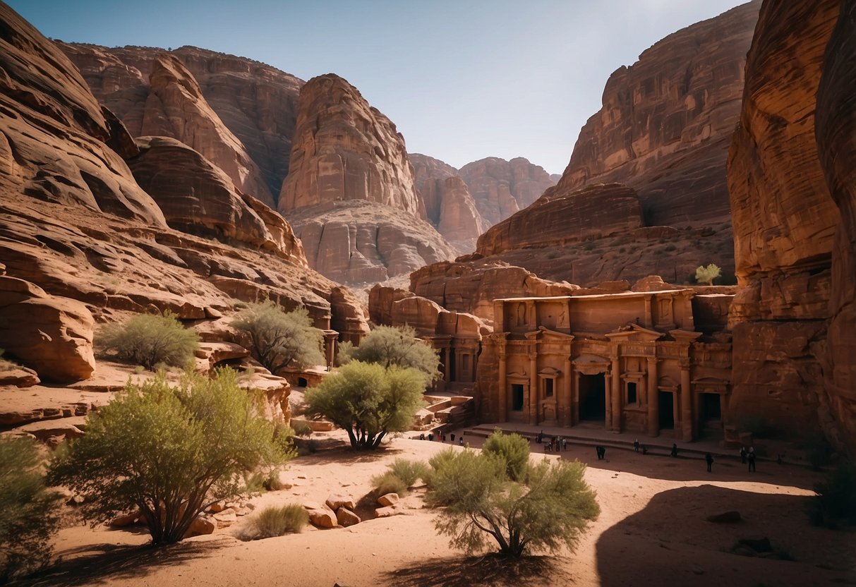 The ancient city of Petra emerges from the rocky desert landscape, with its iconic rose-red buildings carved into the cliffs, creating a breathtaking and mysterious scene