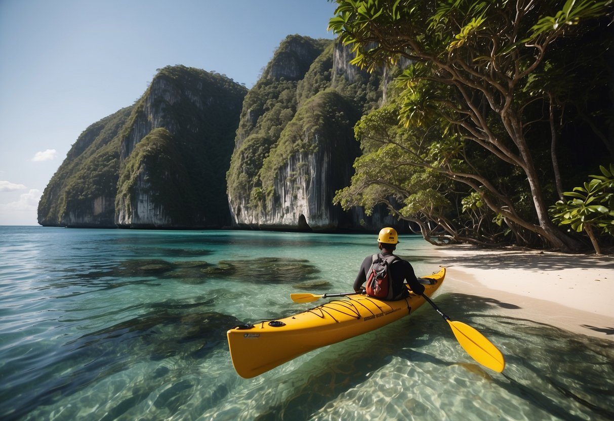 A rugged coastline with towering limestone cliffs, crystal clear waters, and lush tropical jungles. A lone kayak glides through the serene waters, while a group of adventurous hikers tackle a challenging trail along the cliffs