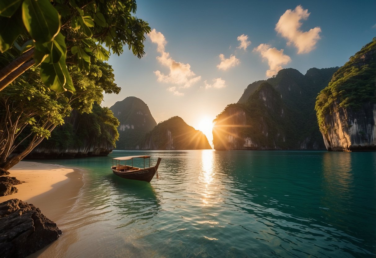 The sun sets over a pristine beach, framed by towering cliffs and lush greenery. A lone boat bobs in the crystal-clear waters, beckoning adventure seekers to explore the rugged coastline of Southeast Asia