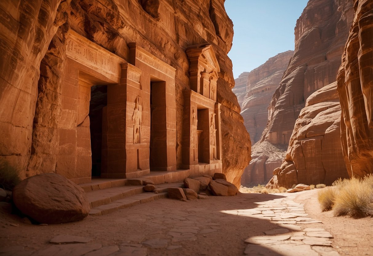 Sunlit sandstone cliffs rise above narrow canyon path in Petra, Jordan. Carved facades and tombs dot the ancient city's landscape