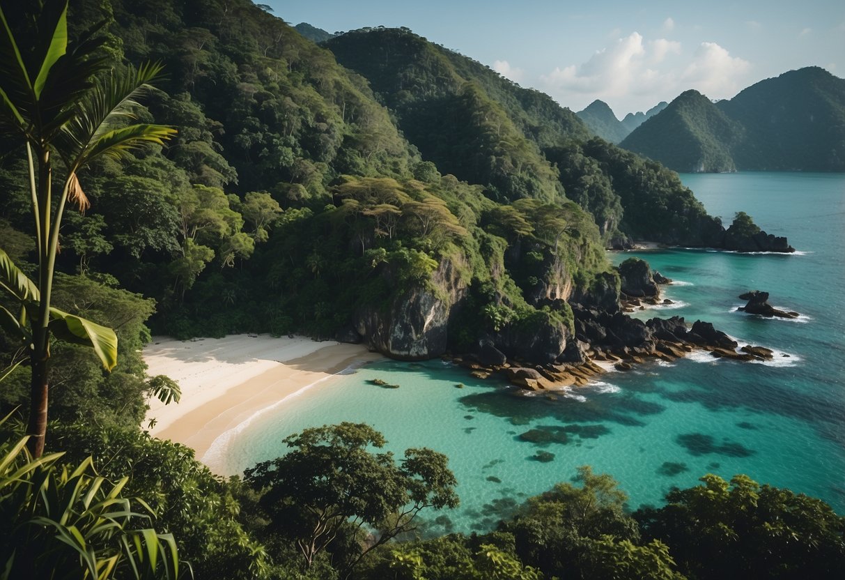 Lush jungle with diverse wildlife, winding coastal paths, and crystal-clear waters. Adventure seekers explore hidden coves and encounter exotic animals in Southeast Asia's coastal destinations