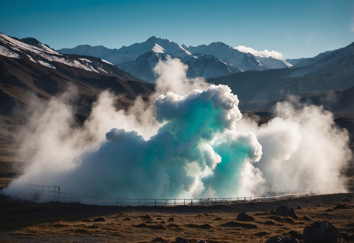 Steam rises from the turquoise geothermal spring surrounded by rugged volcanic landscape and snow-capped mountains