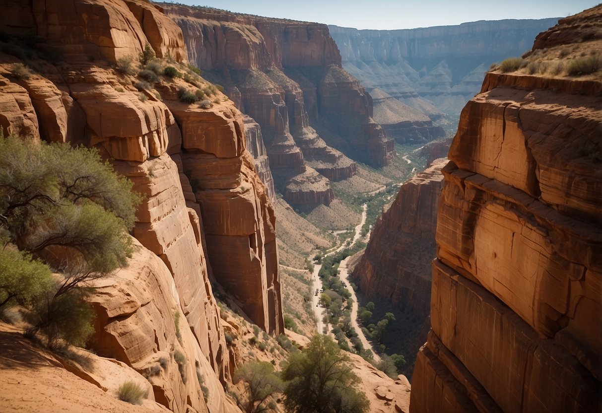 A narrow canyon with towering sandstone cliffs, leading to the iconic Treasury building carved into the rock face, surrounded by ancient tombs and temples in the distance