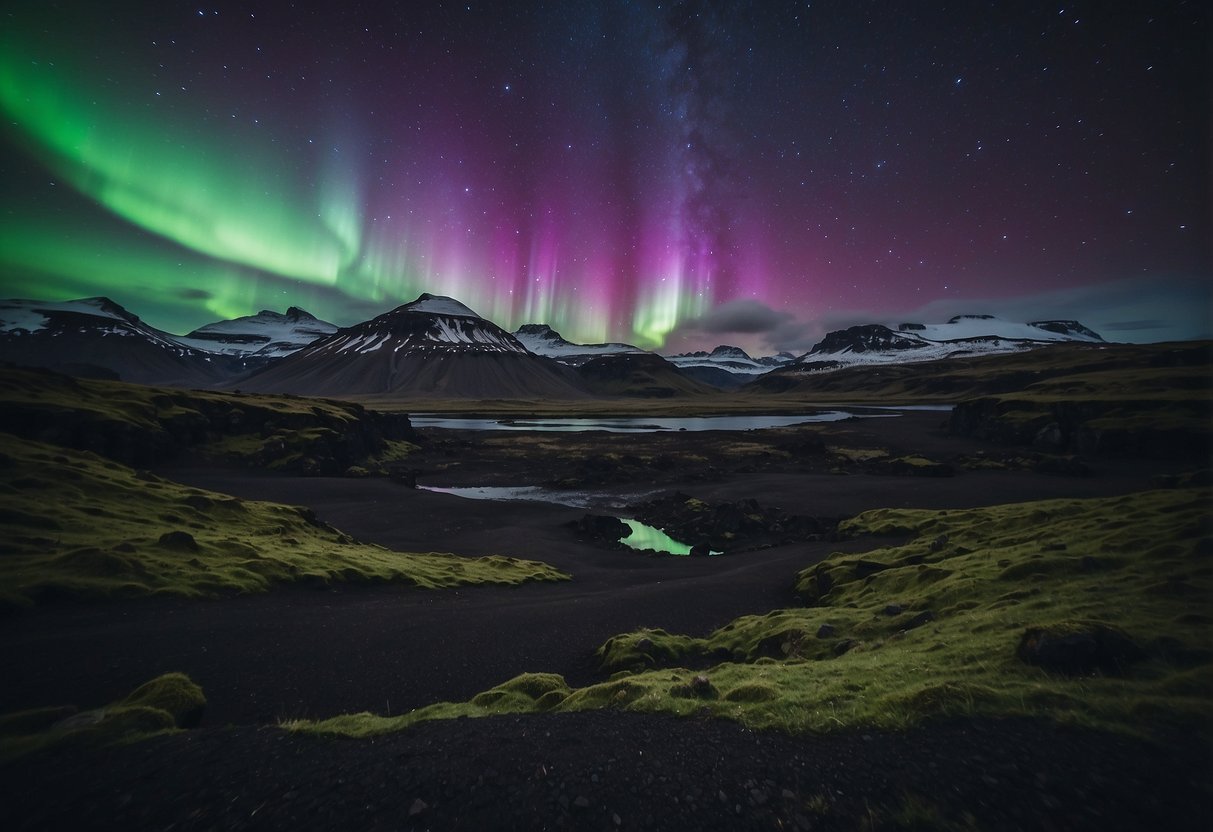 Vibrant green and purple auroras swirl across the dark Icelandic sky, illuminating the rugged landscape of volcanoes and glaciers