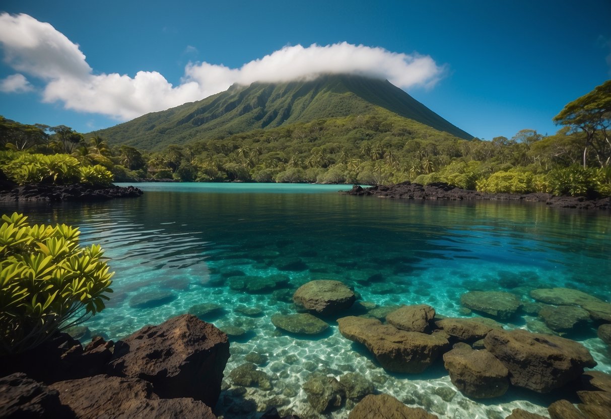 Crystal clear waters surround volcanic islands, home to diverse wildlife. Lush greenery and unique animal species thrive in this natural paradise