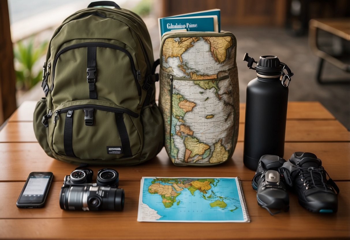 A backpack sits open on a wooden table, surrounded by a map, compass, and a guidebook to the Galápagos Islands. A pair of hiking boots and a water bottle are ready to be packed