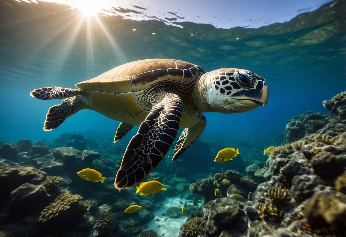 A snorkeler explores the vibrant underwater world of the Galápagos, surrounded by colorful fish, sea turtles, and unique marine life