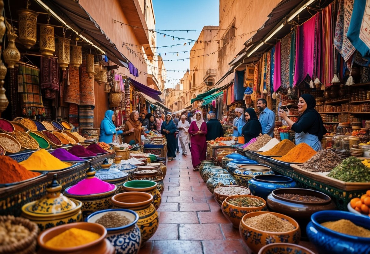 A bustling Moroccan souk filled with colorful textiles, intricate ceramics, and aromatic spices. Vendors call out to passersby, creating a lively and vibrant atmosphere