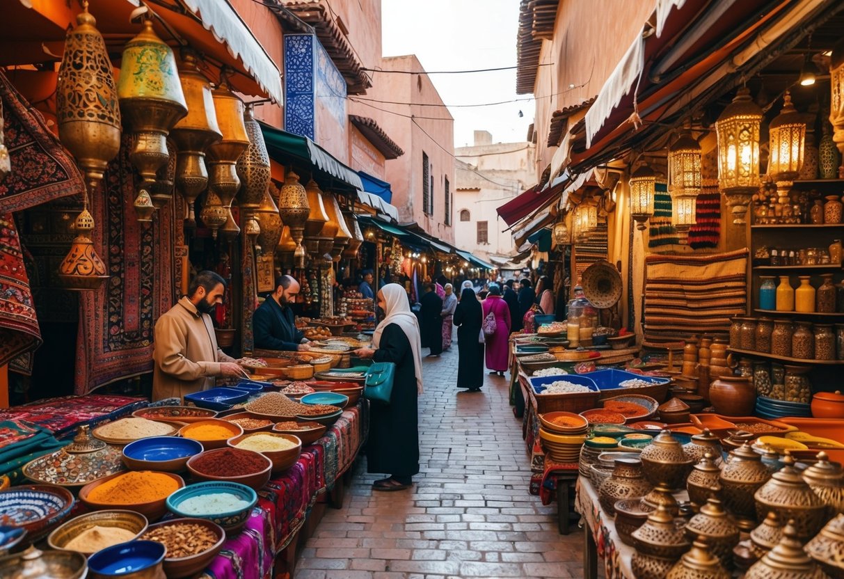 A bustling Moroccan souk with colorful stalls, ornate rugs, and intricate pottery. The aroma of spices fills the air as locals and tourists browse the vibrant market