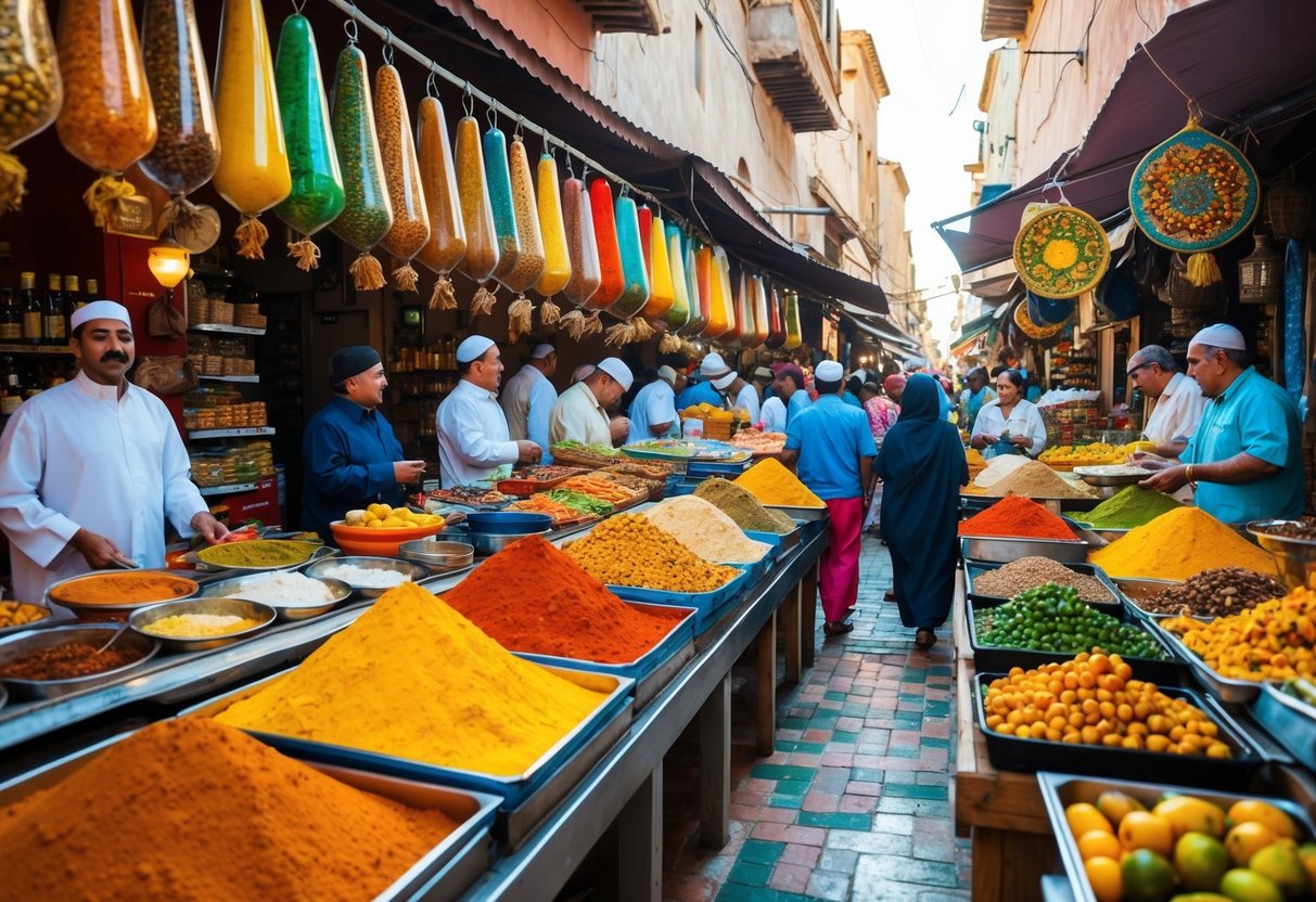 A bustling Moroccan souk filled with vibrant spices, colorful textiles, and exotic fruits. Vendors call out to passersby, while the scent of sizzling street food fills the air