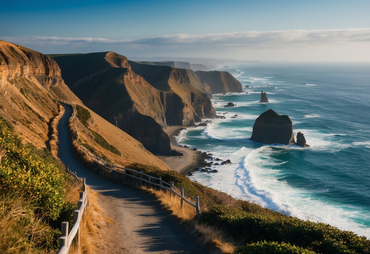 A winding coastal trail overlooks dramatic cliffs and crashing waves, with panoramic ocean views stretching into the horizon