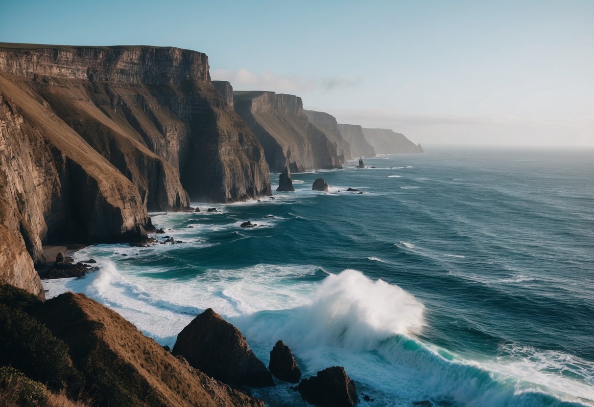 A rugged coastline with towering cliffs overlooking the ocean, waves crashing against the rocks below, and a sense of vastness and beauty