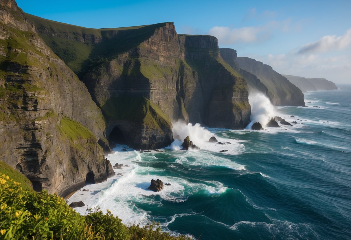 A rugged coastline with towering cliffs and crashing waves, surrounded by lush greenery and diverse wildlife