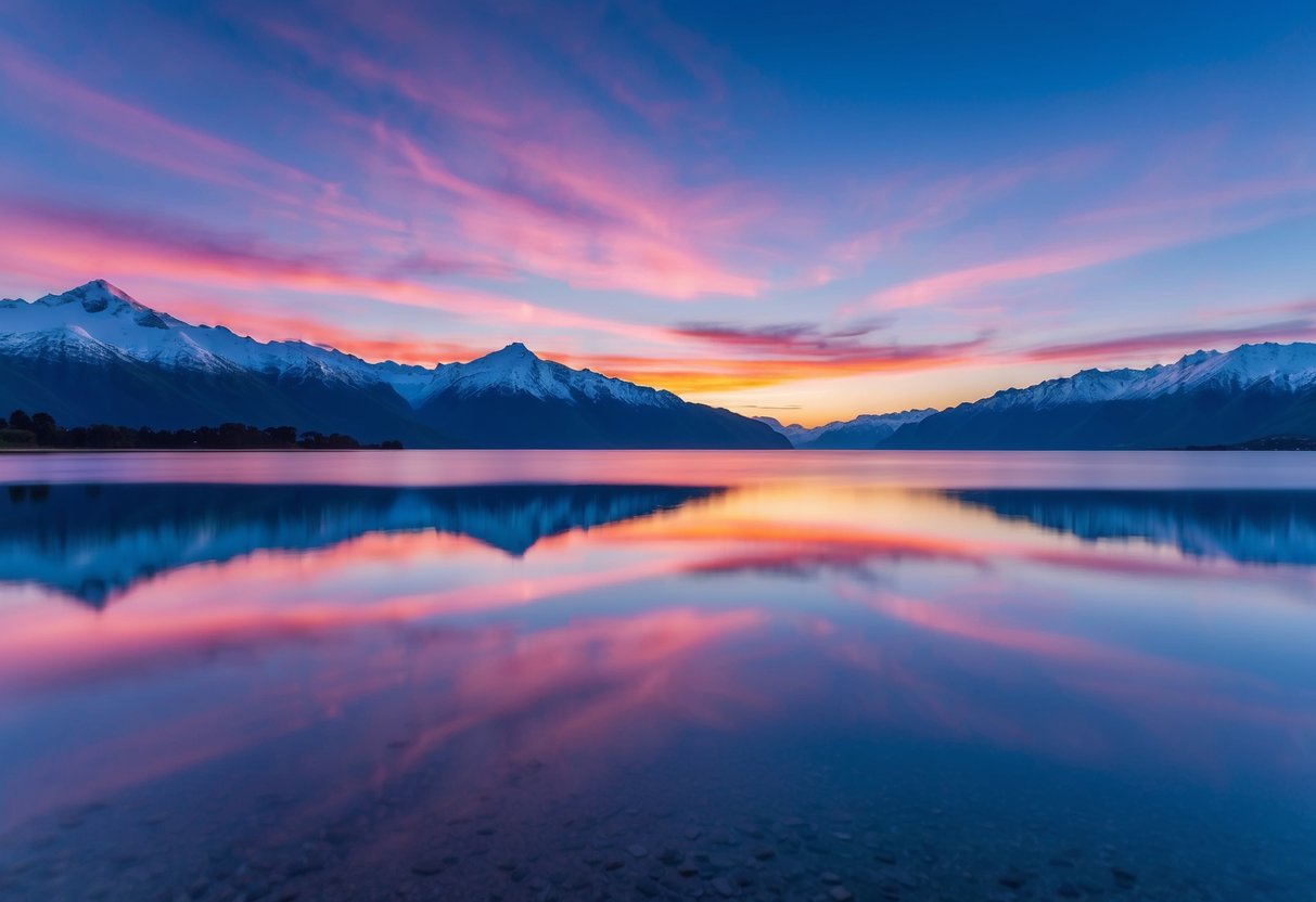 A vibrant sunset over snow-capped mountains and reflective lakes in New Zealand's South Island