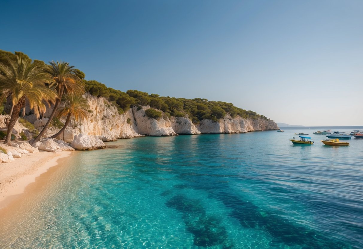 Crystal-clear waters lap against rugged cliffs on Croatia's Adriatic Coast. Palm trees sway on golden beaches, while colorful boats dot the horizon