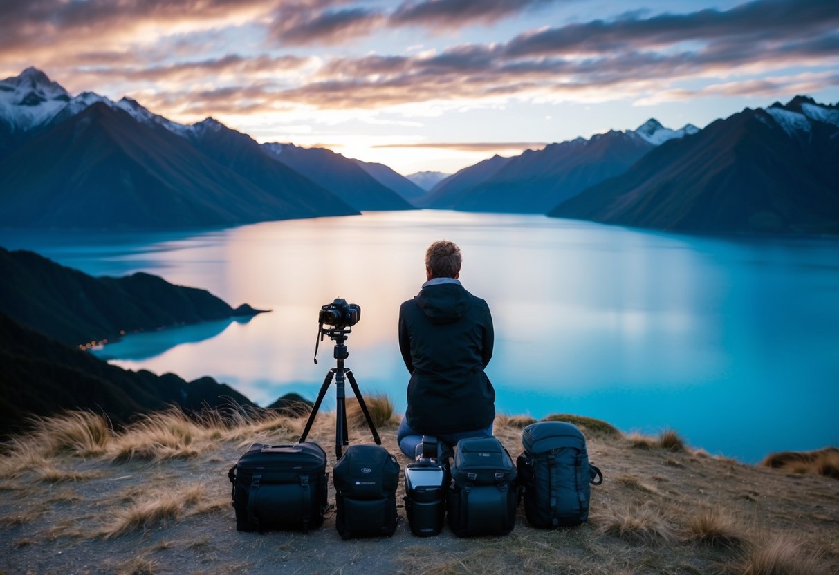 A photographer sets up their gear overlooking New Zealand's dramatic mountain ranges and crystal-clear lakes at sunrise