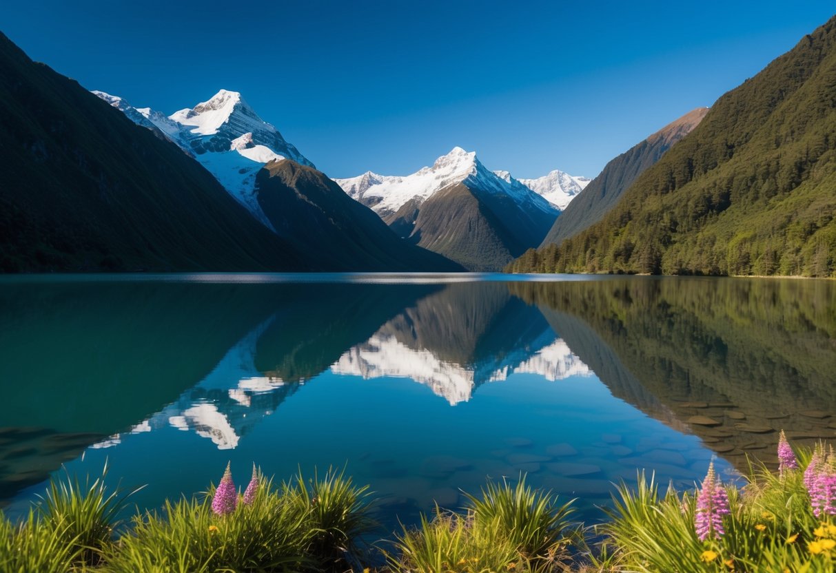 A serene lake reflects the snow-capped peaks of the Southern Alps, surrounded by lush greenery and colorful wildflowers in New Zealand's Fiordland National Park