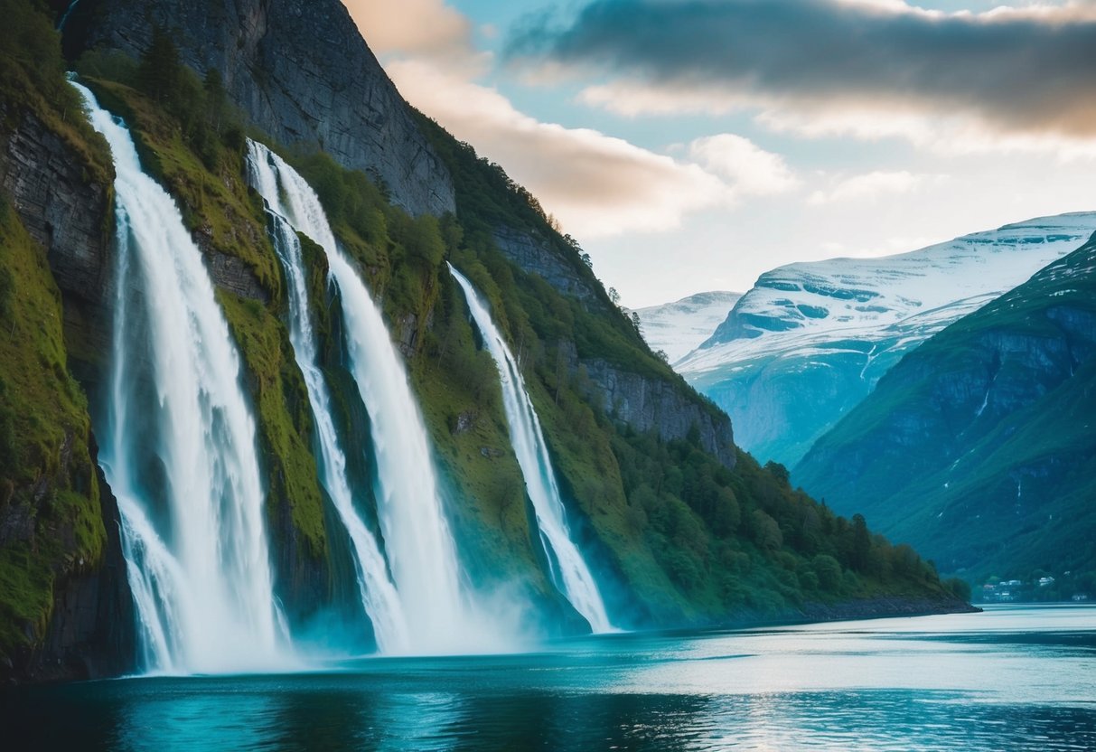 Majestic waterfalls cascade down steep, lush mountainsides into the tranquil, turquoise waters of Norway's fjords. Snow-capped peaks rise in the distance, creating a breathtakingly scenic wonderland