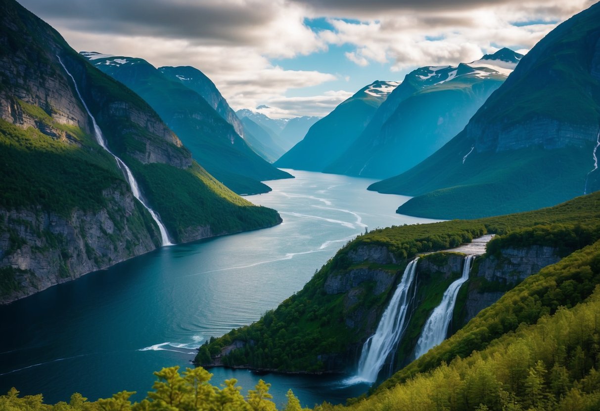 A majestic fjord cuts through towering mountains, with cascading waterfalls and lush greenery adorning the landscape