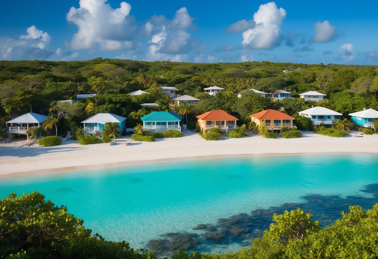 A secluded beach with crystal clear water, surrounded by lush greenery and colorful seaside houses nestled in a tranquil Caribbean village