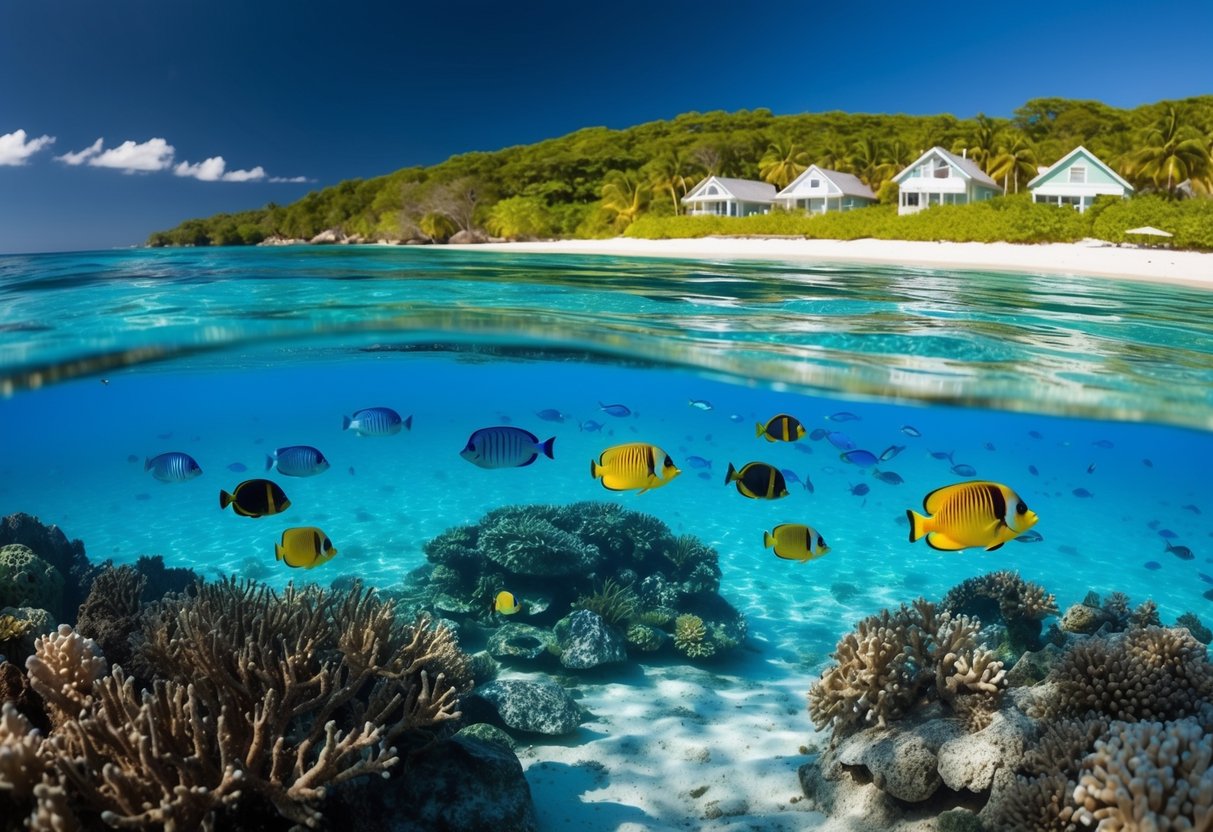 Crystal clear water reveals colorful coral and exotic fish. A secluded beach is surrounded by lush greenery and quaint seaside houses