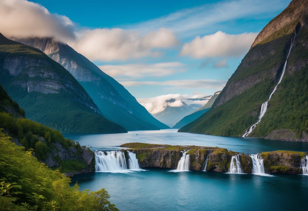 A serene fjord nestled between towering mountains, with cascading waterfalls and lush greenery