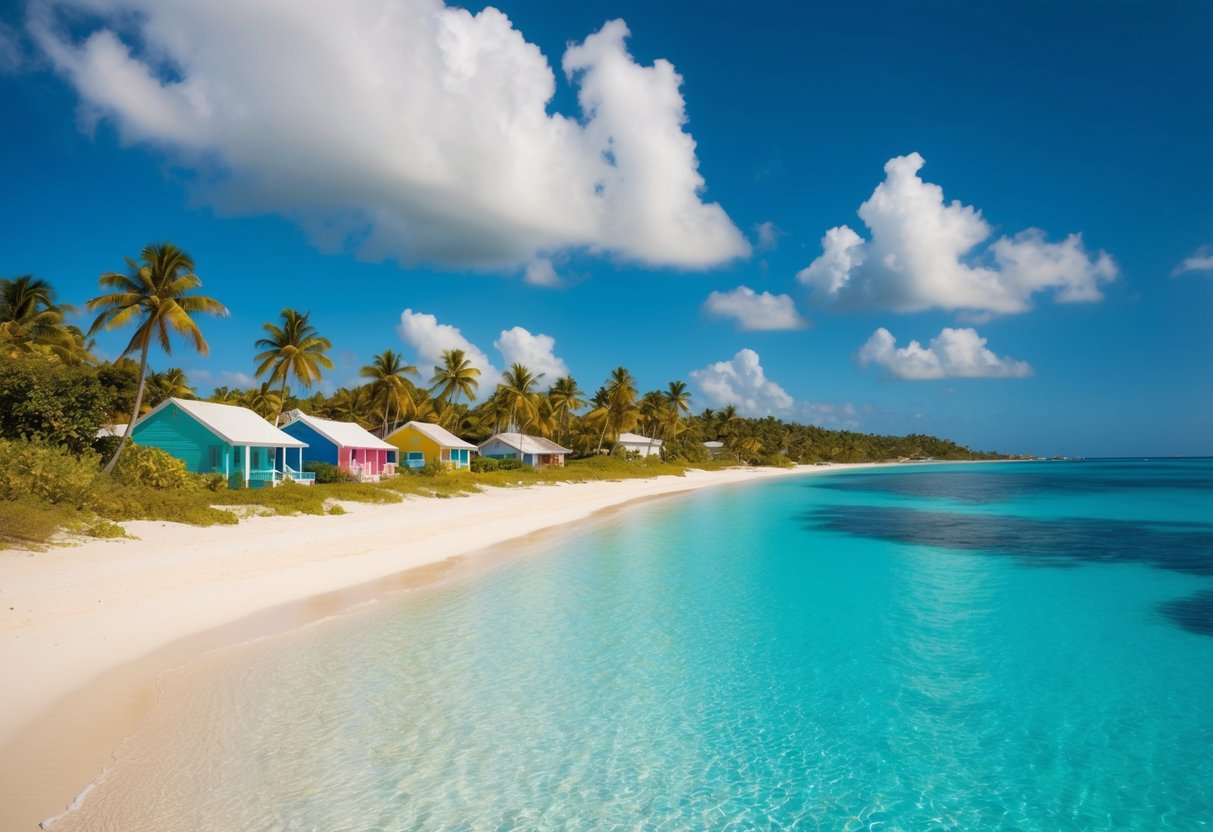 A secluded Caribbean beach with crystal-clear waters, palm trees, and colorful seaside cottages nestled along the shore