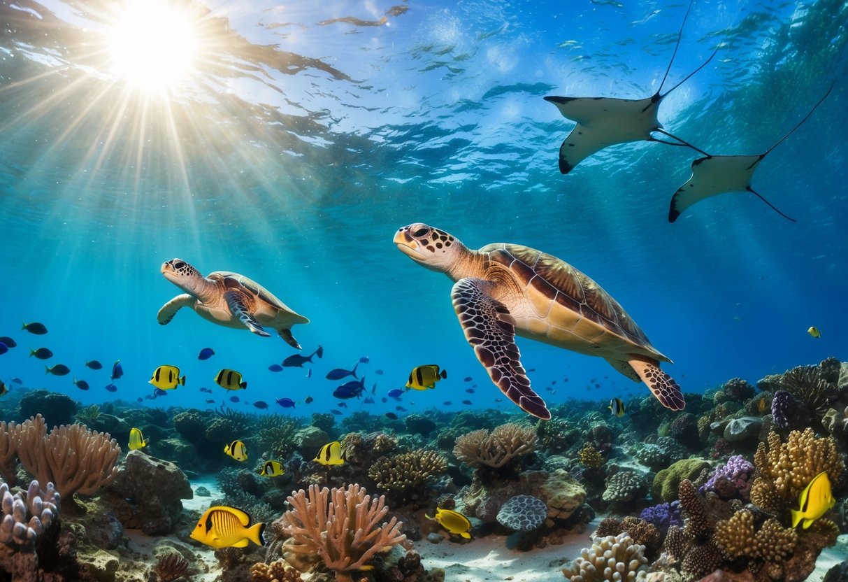 Sunlight filters through the clear waters, illuminating colorful coral reefs and schools of tropical fish. A sea turtle glides gracefully past, while a group of spotted eagle rays soar overhead