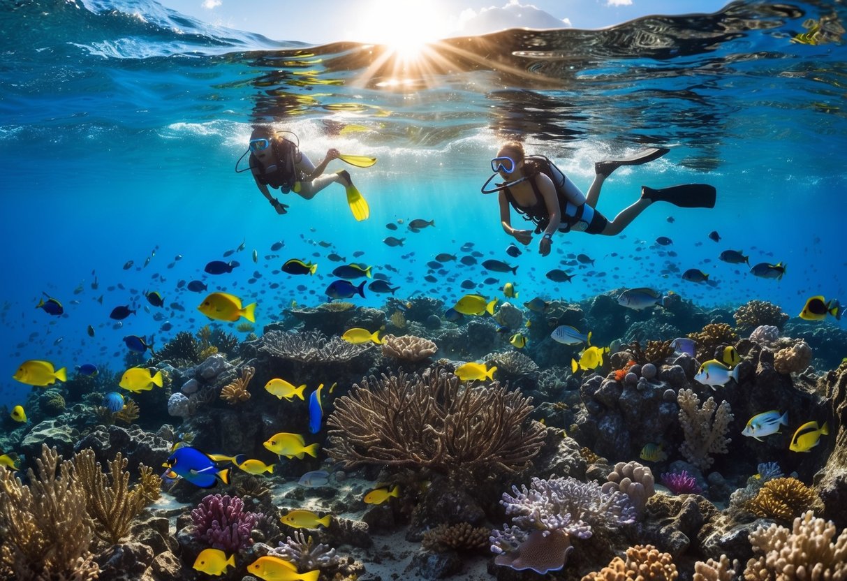 Sunlight filters through the crystal-clear waters, illuminating vibrant coral reefs teeming with colorful fish and sea creatures. A diverse array of marine life thrives in the rich ecosystem of Belize's top snorkeling and diving spots