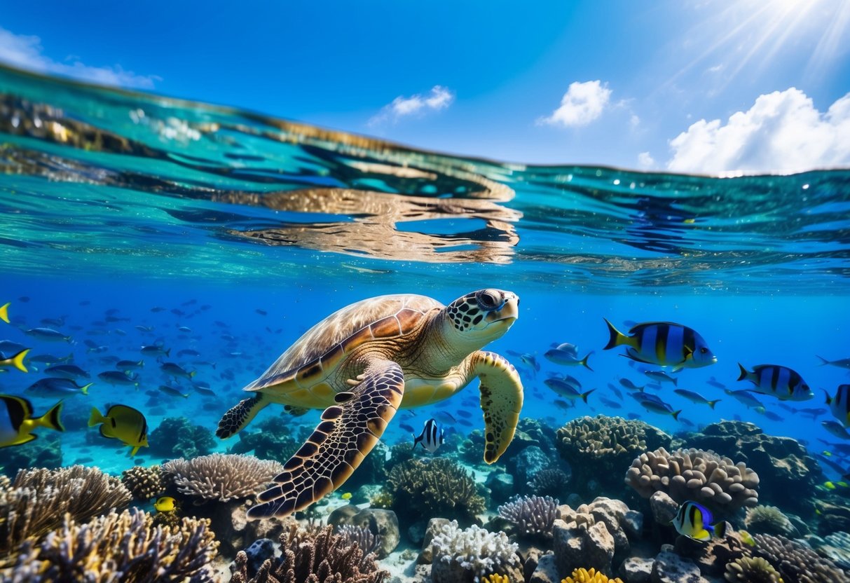 Sunlight filters through the crystal waters of Belize, illuminating vibrant coral reefs teeming with marine life. A sea turtle glides gracefully through the clear blue depths, surrounded by schools of colorful fish