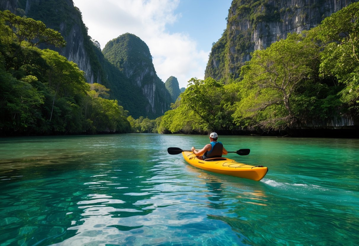 Crystal-clear water flows through lush green jungle, with towering limestone cliffs in the background. A lone kayak glides peacefully along the serene river