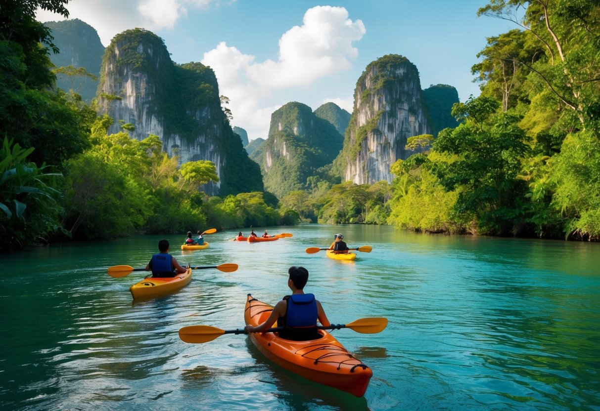 A serene river winding through lush jungle, with kayaks gliding past towering limestone cliffs and tranquil lakes in Thailand