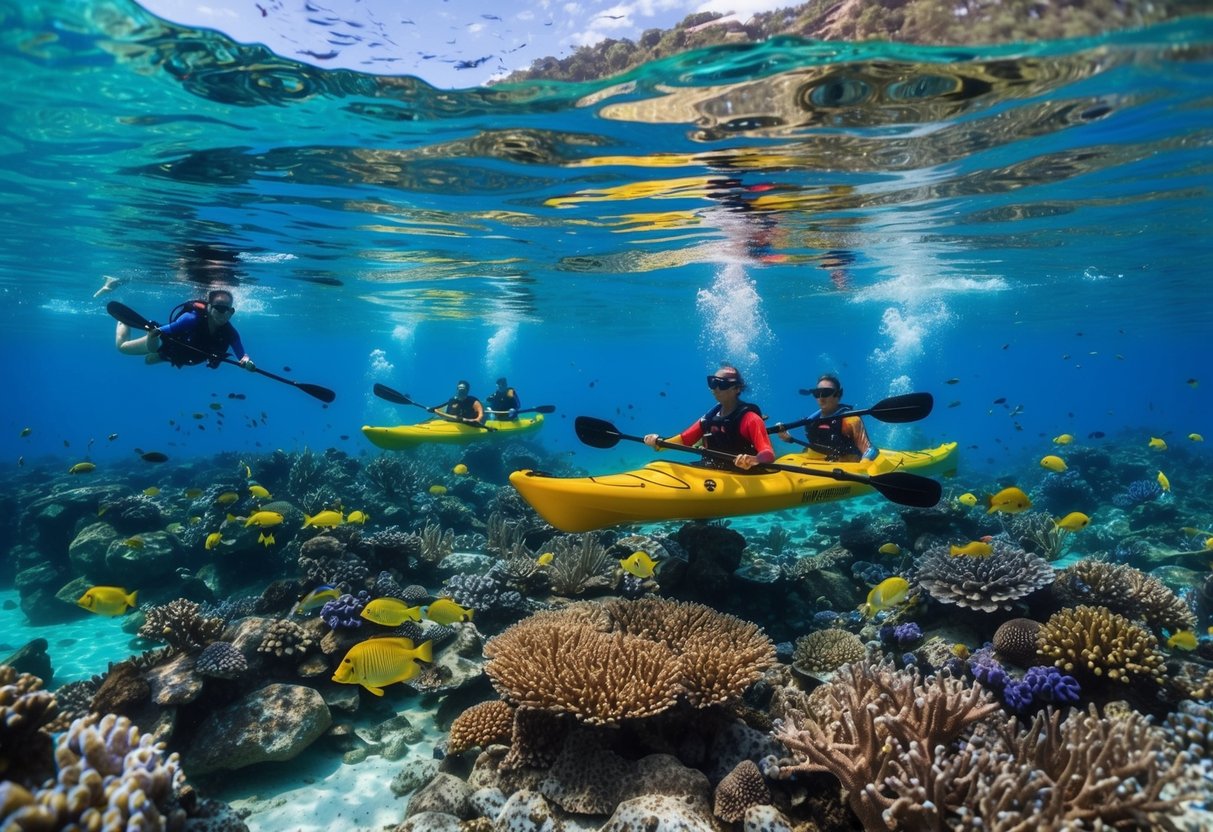 Crystal-clear waters reveal vibrant coral reefs teeming with marine life. Kayakers navigate through the colorful underwater paradise in Thailand