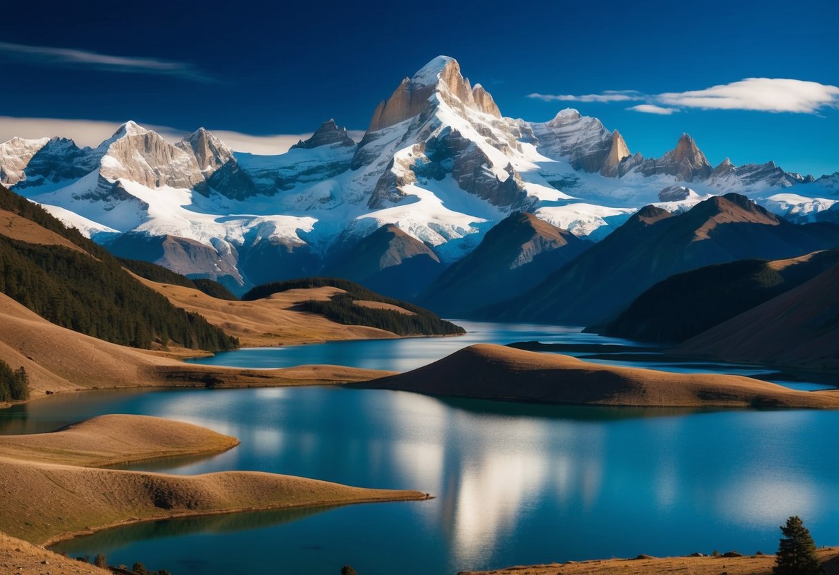 Rolling hills, snow-capped peaks, and crystal-clear lakes create a breathtaking panorama in Patagonia. Towering mountains and lush forests complete the mesmerizing landscape